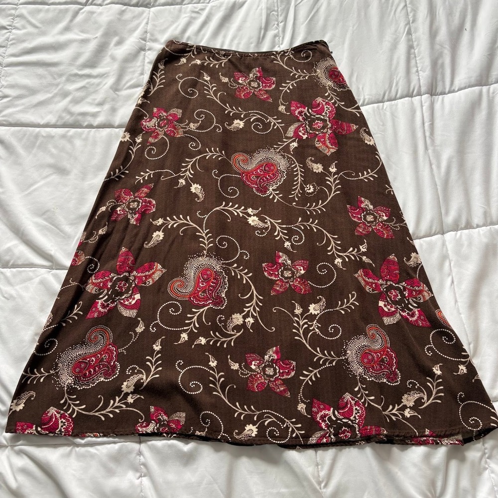 Vintage 90s Brown Pink Floral Paisley Midi A-Line Skirt Womens 8 Boho Hippie Y2K